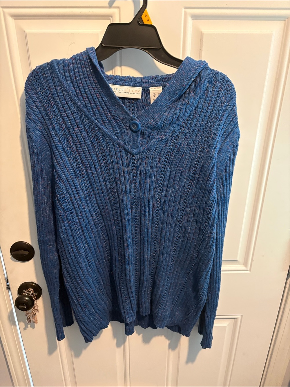 Liz Claiborne Blue Hooded V-Neck Openwork Knit Sweater